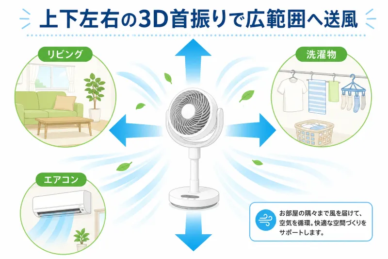 上下左右の自動首振りと3Dランダム送風のイメージ