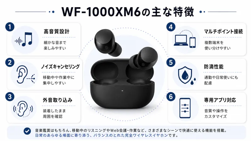 WF-1000XM6の主要機能がひと目で分かるスペック整理図