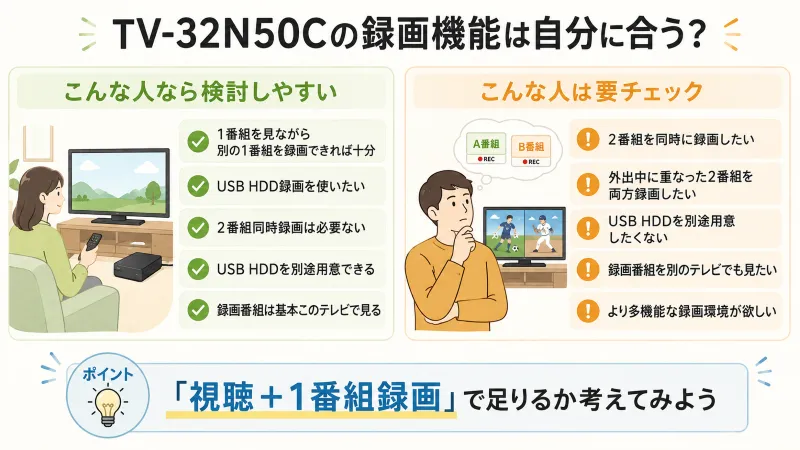 TV-32N50Cの録画機能が向いている人・注意したい人を整理する図