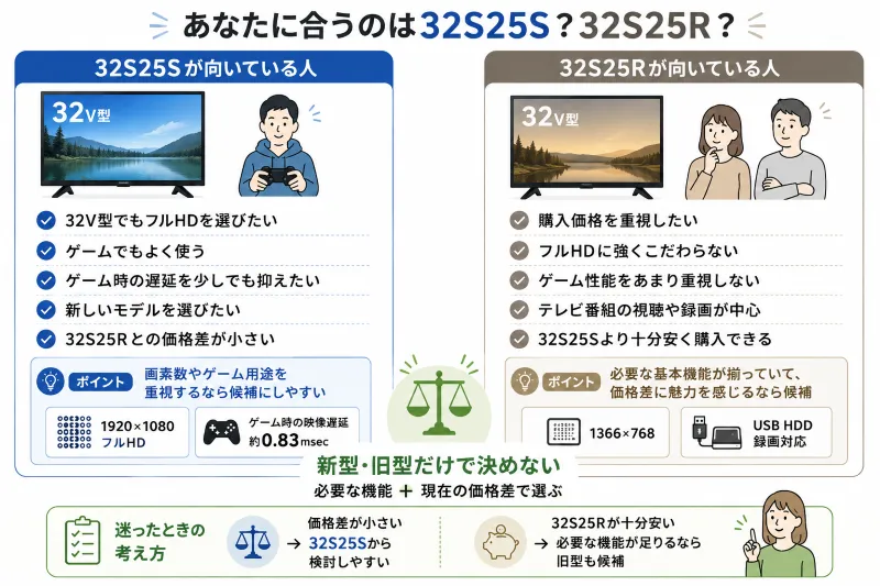 32S25Sが向いている人／32S25Rが向いている人確認図