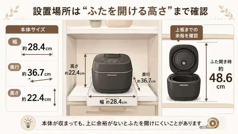 JRT-A100の本体サイズと「ふた開き時約48.6cm」を示す設置イメージ図