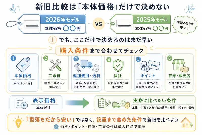 「本体価格」だけでなく「工事費・送料・保証・ポイント・在庫」まで含めて見比べる図