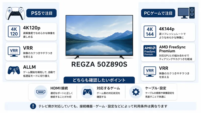 50Z890Sのゲーム関連機能を「PS5向け」「PC向け」「共通」に分けた整理図