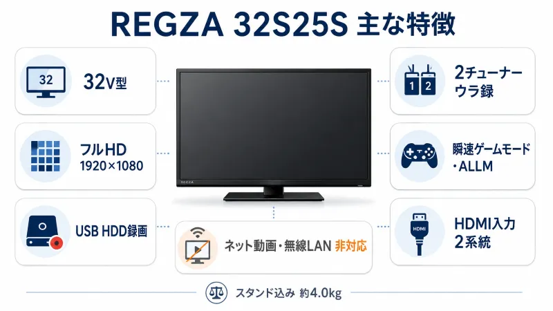 REGZA 32S25Sの主な特徴がひと目で分かるスペック整理図