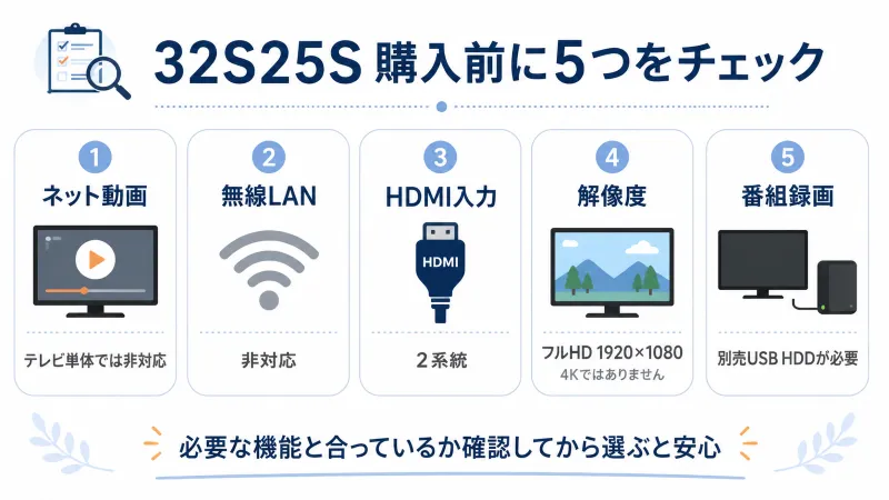 32S25Sの「購入前チェック」図。ネット動画・無線LAN・HDMI×2・フルHD・録画用HDD別売を視覚的に整理