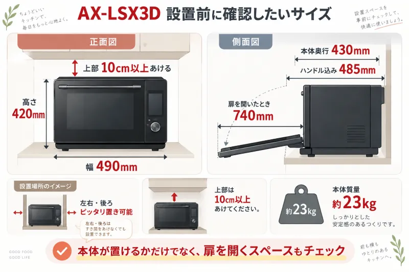 AX-LSX3D設置寸法イメージ 正面・側面のイラストで幅490mm、高さ420mm、奥行430mm、扉開放時740mm、上部10cm以上を視覚化