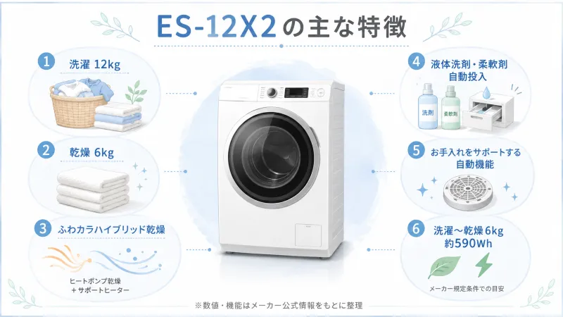 洗濯12kgと乾燥6kgの違いを視覚的に示す容量イメージ図